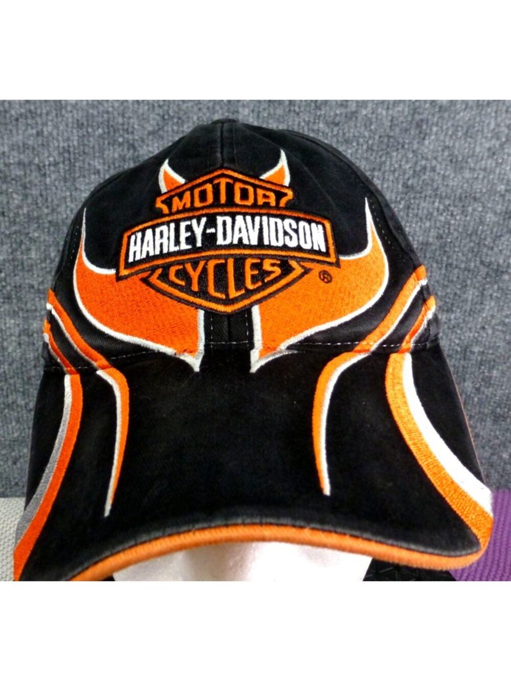 Harley-Davidson Black & Orange Cap With Flames Adjustable Strap Back 100% Cotto